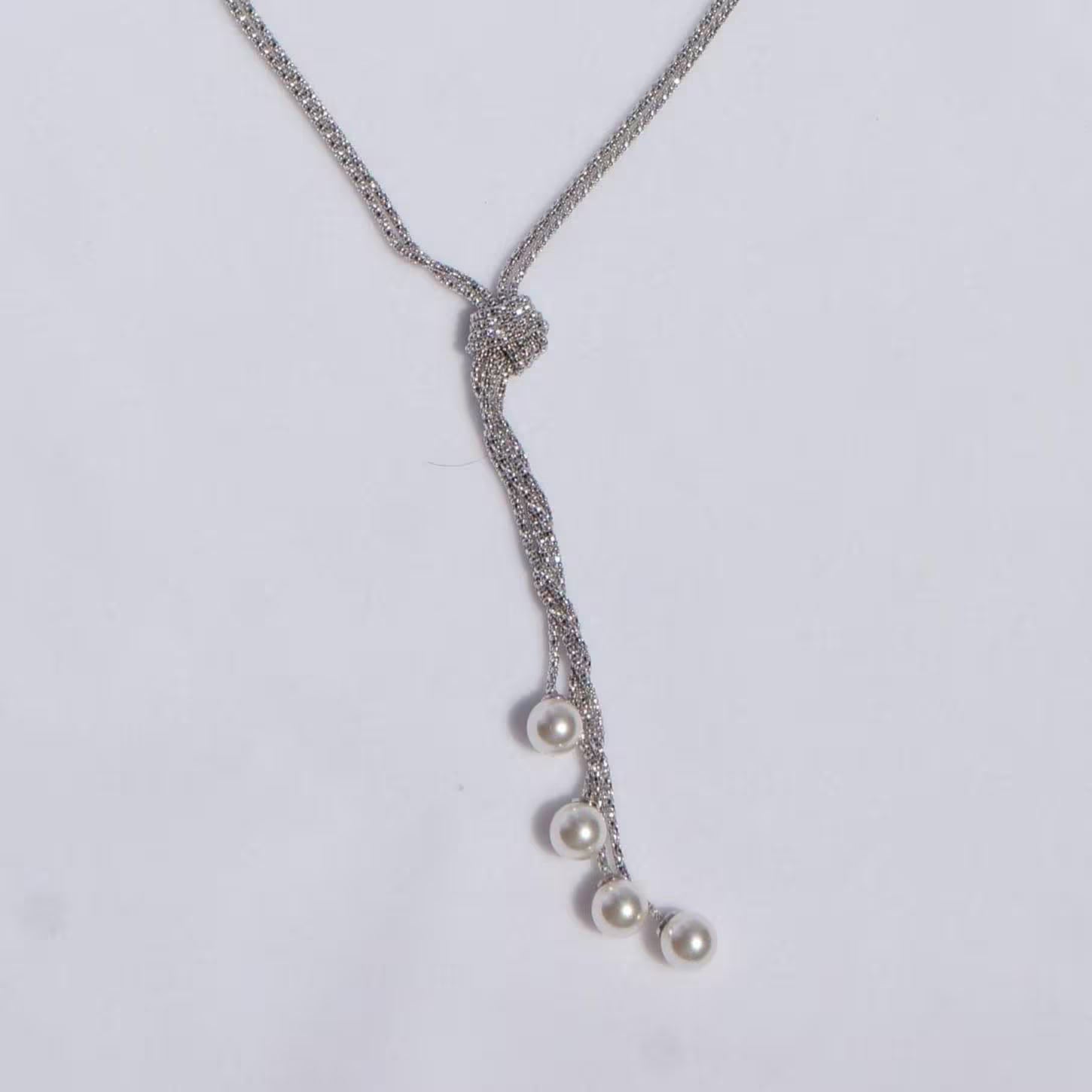Italian Double Silver Necklace with Knot & Swarovski Pearls